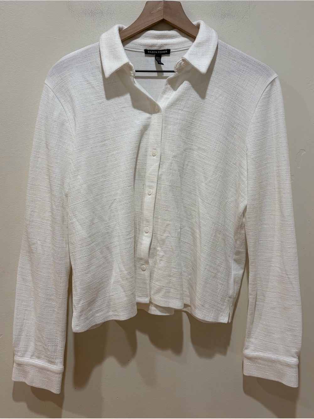 Eileen Fisher Cross Hatch Stretch Jersey Classic Collar White Shirt - Size Small